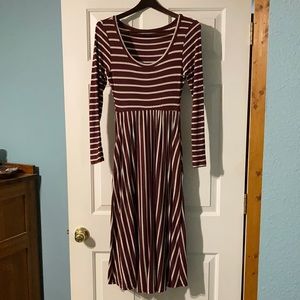 Burgundy and White stripped dress size small